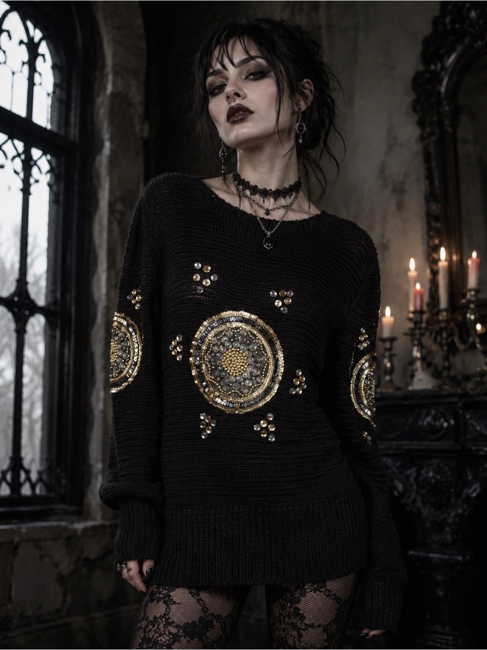 VTG Cache Lightweight Black Sweater Gold Embellishments goth celestial rave